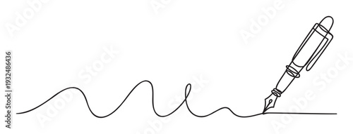 Continuous outline of a fountain pen drawing an expressive wavy line transforming into a straight mark, ideal for symbolizing writing, creativity, education, or formal agreements in