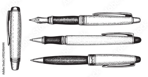 A collection of hand drawn sketch style writing instruments including a fountain pen rollerball and ballpoint perfect for stationery supplies or education materials