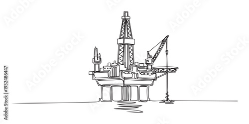 Offshore oil drilling rig depicted in a continuous single line drawing illustrating energy exploration and petroleum production suitable for industrial and environmental publications