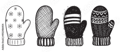 Seasonal handdrawn winter mittens featuring various festive designs perfect for holiday season advertising, cozy apparel promotions, and winter event decorations