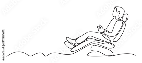 Abstract single line depiction of a passenger sitting in a reclined position illustrating comfort and mobility ideal for advertisements related to travel or ergonomic seating solutions
