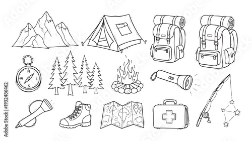 Camping and hiking equipment collection presented as a versatile resource for outdoor activity guides, travel blogs, educational materials, and adventurethemed graphics.