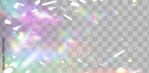 Radiant light flare with rainbow prism effects and crystal reflections on transparent background. Vector realistic brilliant sunlight beams, holographic glass textures with sparkling light overlay.