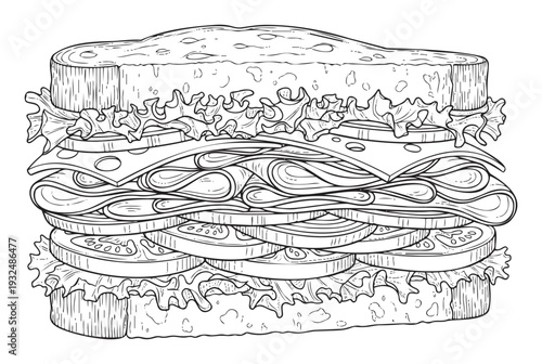 Bold outline drawing of a delicious multilayered hero sandwich featuring crisp lettuce, ripe tomatoes, savory meat, and creamy cheese, ideal for culinary publications or kitchen decor.