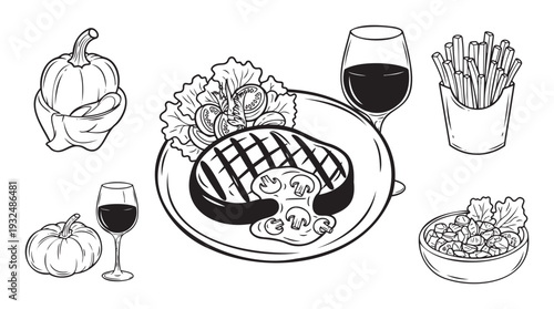 A complete meal featuring a perfectly grilled steak topped with mushroom sauce, fresh garden salad, crispy french fries, a glass of red wine, and decorative autumn pumpkins perfect for