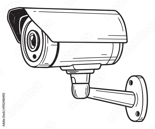 Black and white line drawing of a wall mounted security camera providing constant surveillance and protection for home or business premises