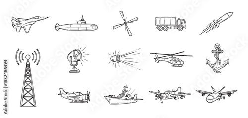 Hand drawn military and transportation icons including fighter jets, submarines, trucks, helicopters, rockets, communication towers, warships, and drones for various design projects