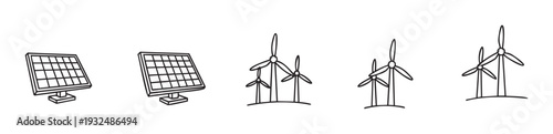 Dynamic collection of handdrawn solar panels and wind turbines representing sustainable clean energy sources for environmental conservation and ecofriendly power solutions