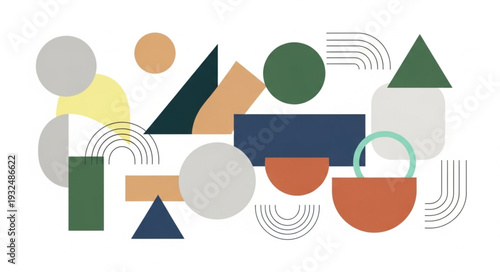 Geometric shapes composition with various colors and abstract design elements.