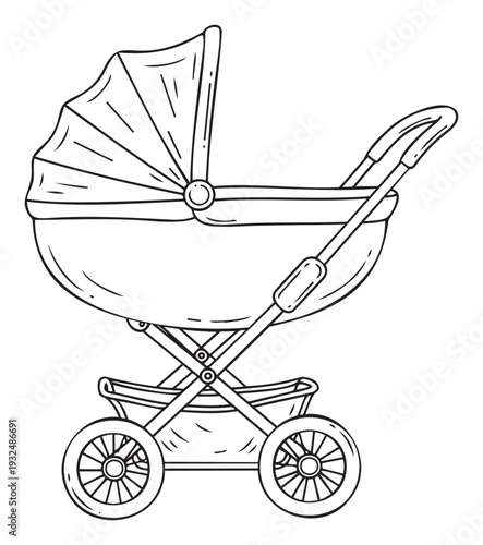 Classic black outline baby carriage for comfortable infant transportation, ideal for parenting publications, nursery decoration, and maternal health resources.