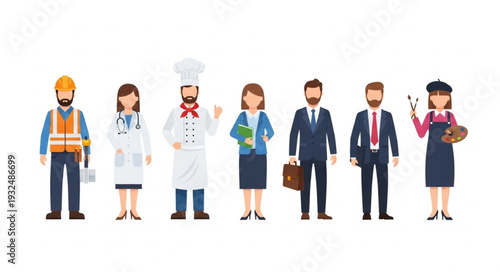 Diverse group of professionals standing together, representing various occupations and careers.