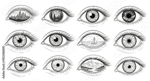 Detailed artistic illustration of various human eye drawings, showcasing different styles and perspectives.