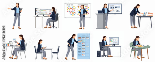 Flat Illustration Woman Character in Various Business Scenarios and Activities Set