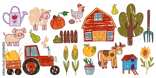 Cute farm animals and tractor isolated on white background. Vector cartoon illustration of child hand drawn pig, cow, sheep, hen, fruit and vegetable harvest, barn and wood fence for village landscape