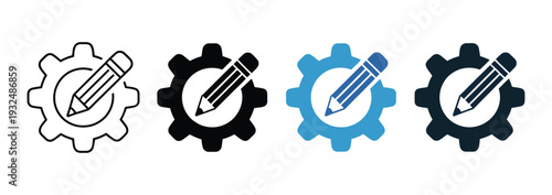 Customize settings icon set in multiple styles illustrating gear and pencil symbol, configuration tools, system preferences, editing functions