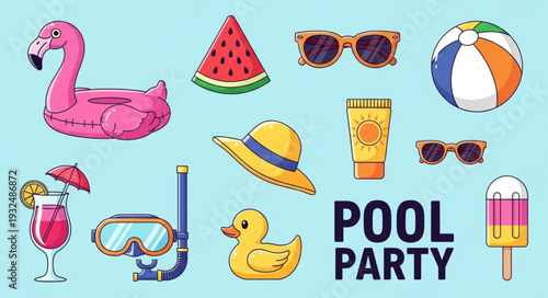 Summer pool party essentials featuring flamingo float, watermelon, sunglasses, beach ball, and more.