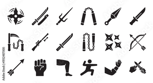 Ninja and martial arts weapons and combat poses vector icons featuring shuriken, katana, nunchaku, sai, bow and arrow for gaming, education, and sports applications