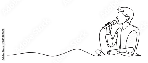 Modern continuous line drawing of a vocalist singing into a microphone, ideal for music event promotions, performance announcements, talent show advertisements, or entertainment industry