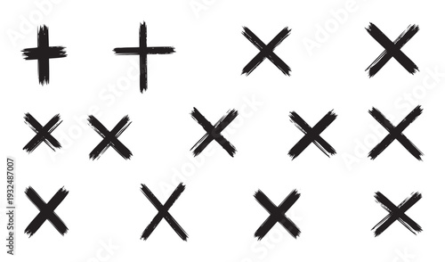 Collection of handdrawn black grunge brushstroke plus and multiplication signs offering versatile graphic assets for web, print, and branding projects