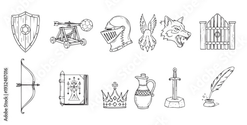Collection of hand drawn medieval and legendary themed objects including historical weapons, magical artifacts, and mythical elements, ideal for gaming assets, educational content, or