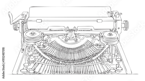 Detailed line drawing of a vintage typewriter showcasing its intricate mechanical components and classic design, ideal for educational content, historical documentaries, and literarythemed
