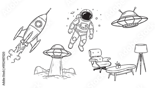 Black and white outlines of a powerful space rocket launching, a floating astronaut in space, two classic flying saucers, and stylish midcentury living room furniture, perfect for diverse