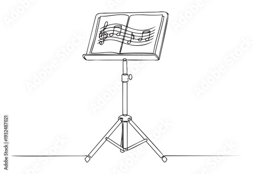 Music stand displaying open sheet music with a treble clef and musical notes, rendered in a smooth continuous line drawing style, perfect for educational content, event promotion, or