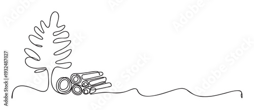 Continuous line drawing illustrating forest resources with a growing tree and harvested logs, perfect for ecological awareness campaigns, sustainable logging initiatives, and environmental