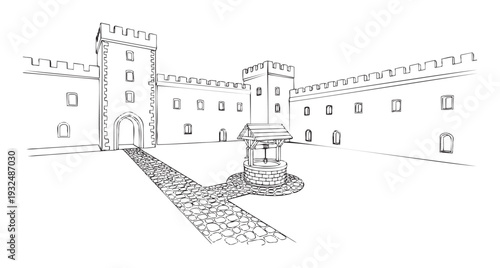 A detailed line drawing showcasing a medieval castle courtyard with high walls, crenellated towers, arched windows, and a classic well with a wooden roof, suitable for historical and
