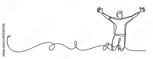 Continuous line drawing of a person with arms raised in victory, symbolizing success and freedom, perfect for motivational materials and personal growth branding