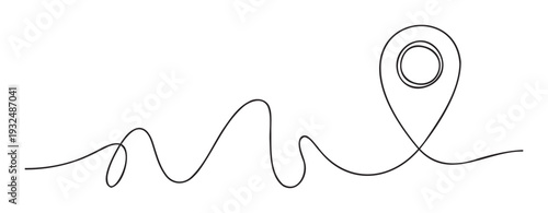 Continuous flowing black line forming an intricate wavy path that ends with a clear location pin symbol, perfect for map applications, travel tracking, or journey visualization projects.