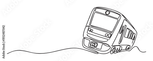 Dynamic continuous line drawing of a modern passenger train moving on a track, perfect for transportation themes, travel promotions, or abstract graphic representations