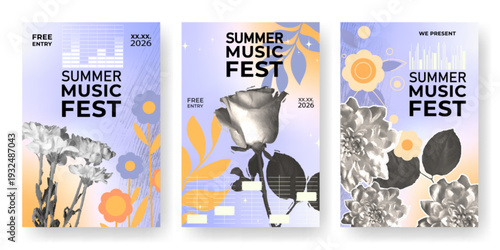 Summer music fest banners set with photocopy flowers on gradient background. Vector realistic illustration of art festival poster design, creative floral collage, vintage invitation to song concert