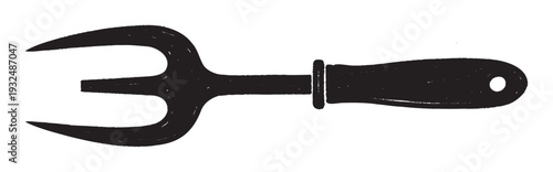 Bold black silhouette of a three pronged gardening fork with a sturdy handle, ideal for agriculture designs, farm related projects, or rustic themed graphic assets.