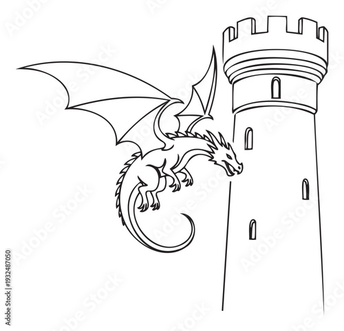 Dynamic outline drawing of a powerful winged dragon approaching an ancient fortified castle turret, ideal for childrens books, gaming graphics, or historical adventure themes.