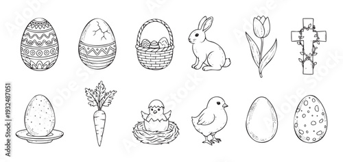 Collection of hand drawn Easter holiday elements including decorated eggs, cute bunny, baby chick, spring flower, and religious cross ideal for seasonal greetings, childrens coloring books,