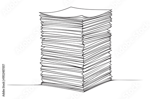 Hand drawn outline of a massive stack of disorganized paper sheets representing administrative burden, office tasks, or document management for business presentations and educational
