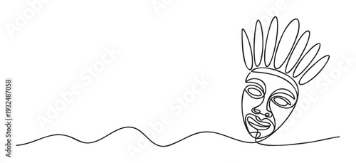Minimalist single line drawing featuring a Black African mask with an ornate tribal headdress emerging from a flowing wave, ideal for spiritual or cultural awareness presentations and