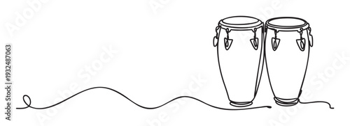 A single continuous line drawing of two musical conga drums captures the rhythm and energy of Latin music, ideal for music event promotions or cultural presentations.