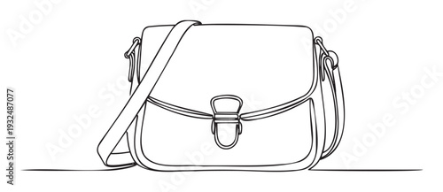 Minimalist one line drawing of a stylish shoulder bag with a flap closure and a long strap perfect for contemporary fashion accessories graphics and commercial branding projects.