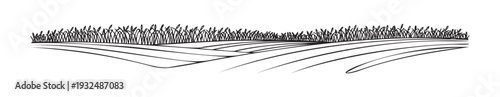 Monochrome outline of a cultivated agricultural field featuring distinct rows of young crops flowing towards taller plants in the background, suitable for farming education, food industry