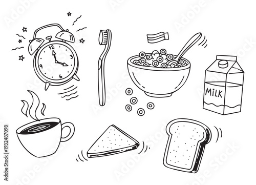 Morning routine essentials collection featuring an alarm clock, toothbrush, coffee, cereal with milk, toast, and sandwich, ideal for lifestyle, daily habits, and breakfastthemed content