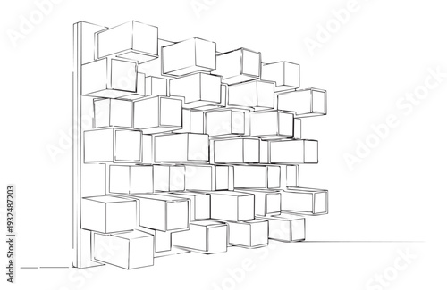 Dynamic line drawing showcasing a modern abstract wall shelving unit made of stacked geometric boxes creating a striking visual for architectural concepts or interior decoration ideas