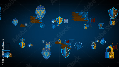 Security technology icons with biometric face scan shield lock and digital protection elements in cyber network