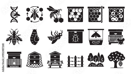 A comprehensive collection of solid glyph icons depicting beekeeping, bee life cycle, honey production, hive protection from pests, and environmental factors crucial for apiculture industry