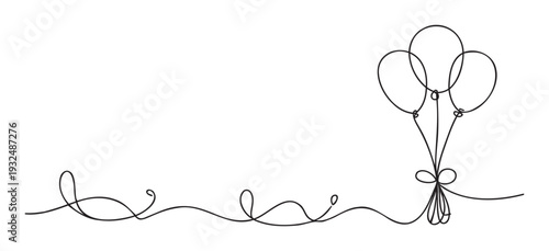 Elegant single line stroke illustration depicting three floating party balloons tied with a bow, ideal for birthdays, anniversaries, or special occasion promotional materials.