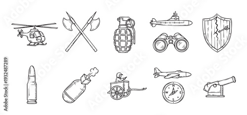 A comprehensive collection of military and warfare equipment featuring weapons, vehicles, and navigation tools, ideal for educational content, historical documentaries, and graphic resource