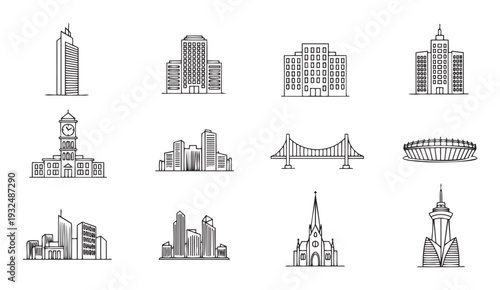 A comprehensive set of outline vector icons showcasing various city buildings and architectural landmarks, ideal for graphic design, web applications, and educational content about urban