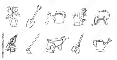 Essential garden equipment and plants such as shovel, watering cans, hose, hoe, bell pepper, fern, and shears in a clear outline style for nature themed applications.
