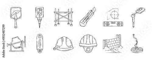 Line art collection of construction and surveying equipment including hard hats, spirit levels, cement mixers, and scaffolding for professional building project illustrations.